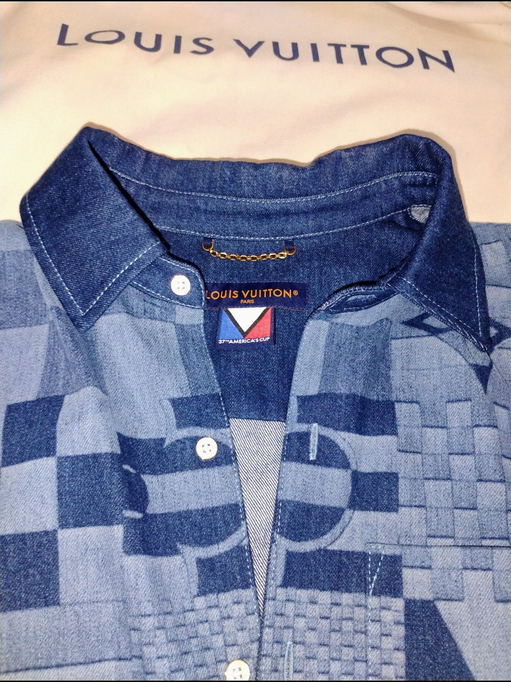 Louis Vuitton Men's Two-Tone Blue Patterned Denim Button-Down Shirt